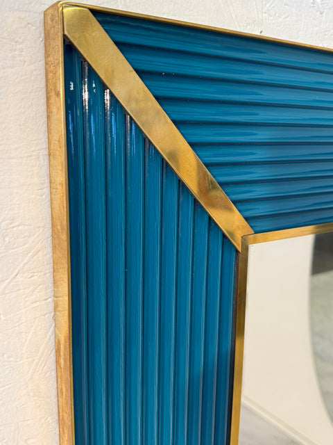 Mid-Century Italian Mirror with Teal Ribbed Frame and Brass Accents 1970s
