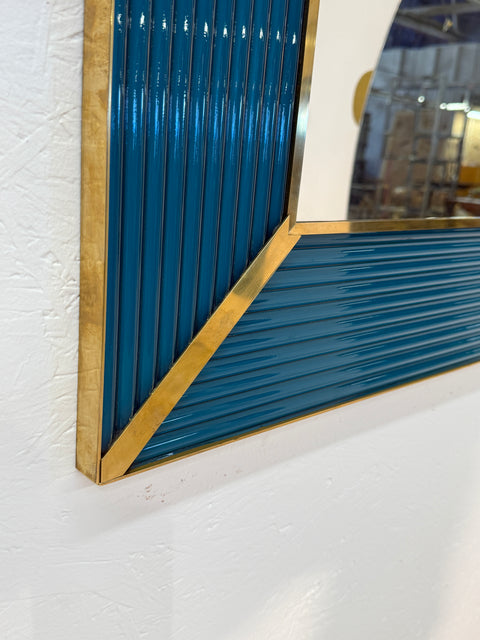 Mid-Century Italian Mirror with Teal Ribbed Frame and Brass Accents 1970s