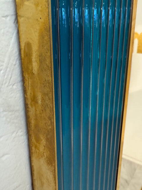 Mid-Century Italian Mirror with Teal Ribbed Frame and Brass Accents 1970s