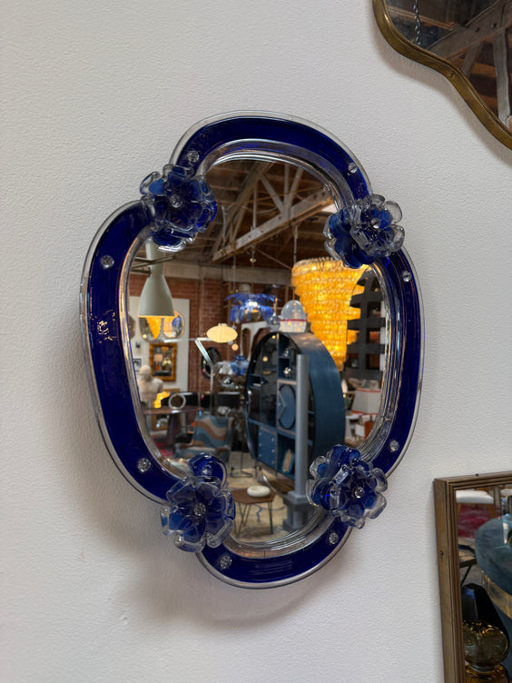 Murano Glass Mirror with Cobalt Blue Border and Floral Accents, Italy, 1960s