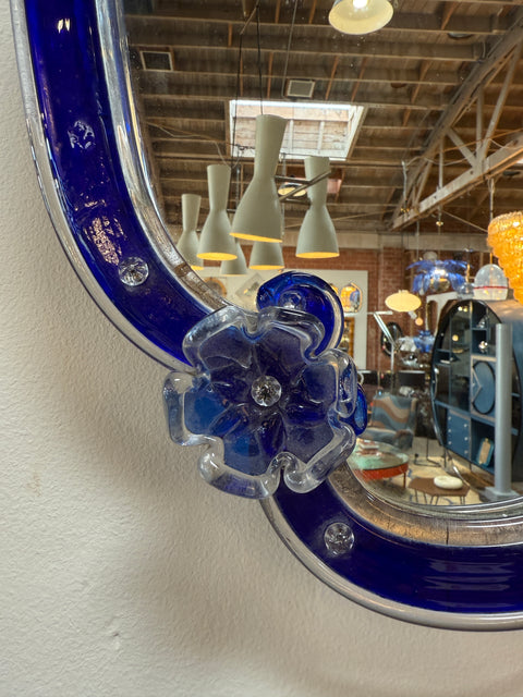 Murano Glass Mirror with Cobalt Blue Border and Floral Accents, Italy, 1960s