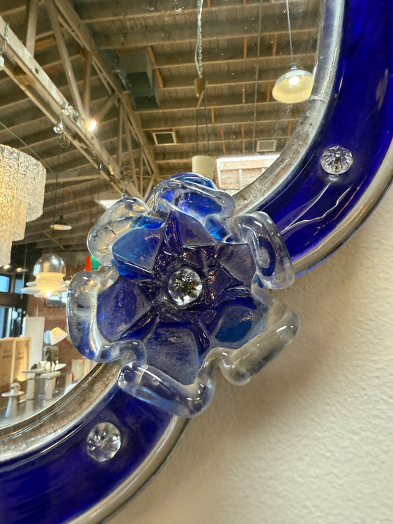 Murano Glass Mirror with Cobalt Blue Border and Floral Accents, Italy, 1960s