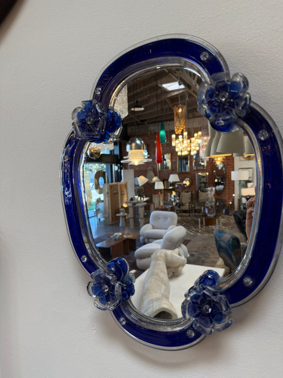 Murano Glass Mirror with Cobalt Blue Border and Floral Accents, Italy, 1960s