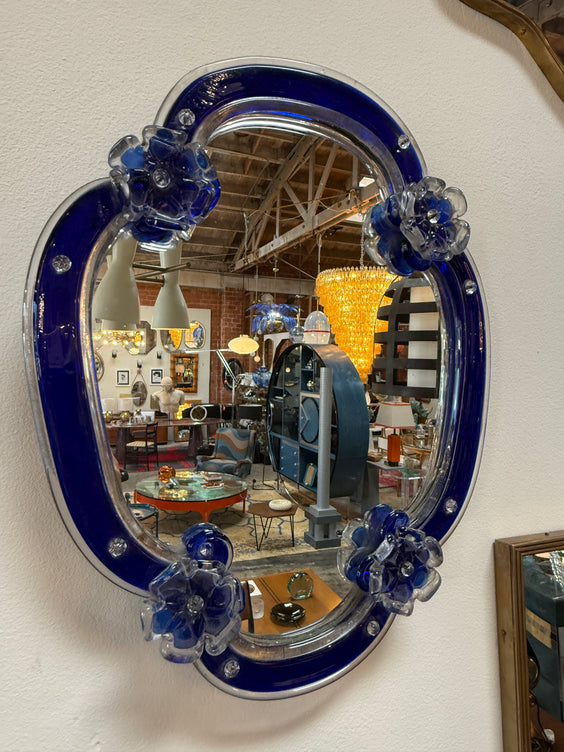 Murano Glass Mirror with Cobalt Blue Border and Floral Accents, Italy, 1960s