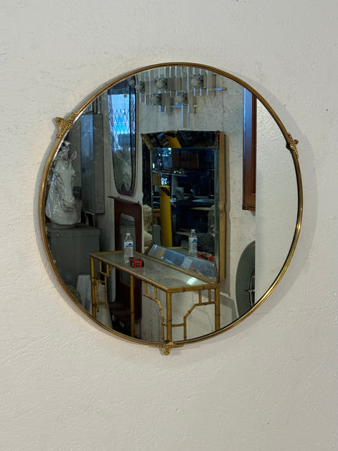 Round Brass-Framed Wall Mirror with Decorative Mounts, Italy 1960s