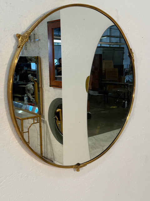 Round Brass-Framed Wall Mirror with Decorative Mounts, Italy 1960s