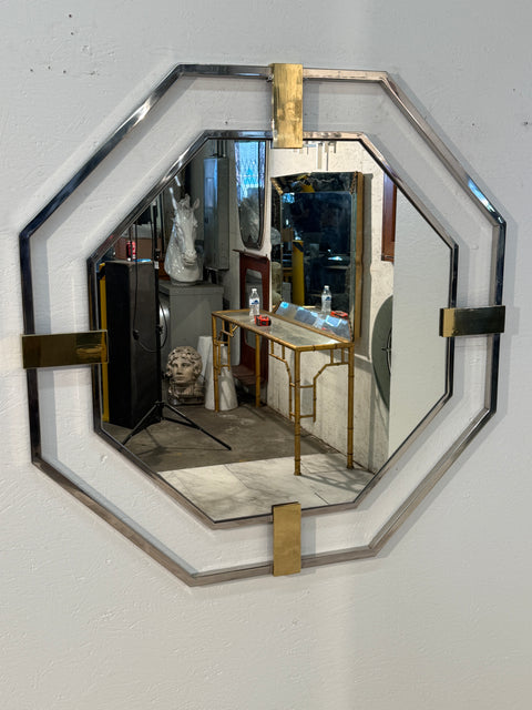 Octagonal Wall Mirror with Chrome and Brass , Italy 1970s