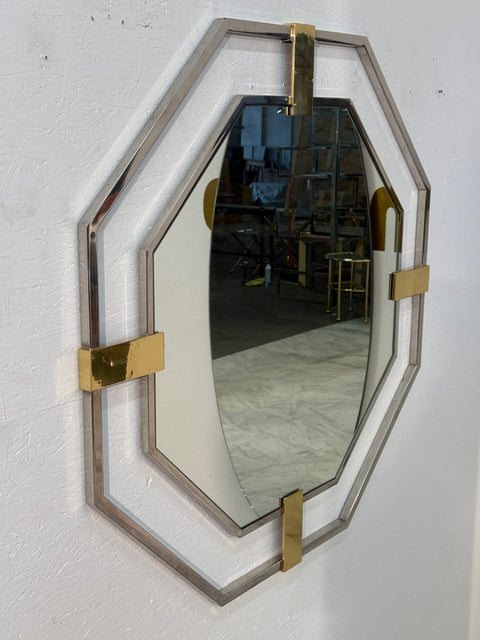 Octagonal Wall Mirror with Chrome and Brass , Italy 1970s
