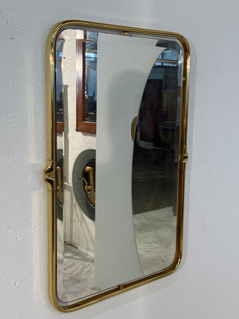 Italian Rectangular Brass Wall Mirror with Rounded Corners, 1970s