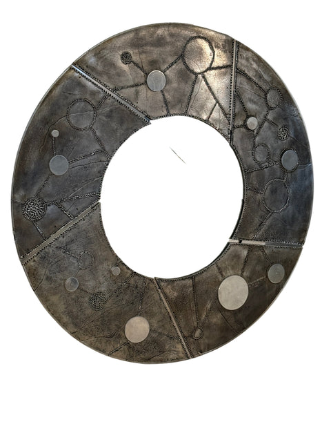 Italian Brutalist Round Mirror with Sculpted Metal Frame, 1970s