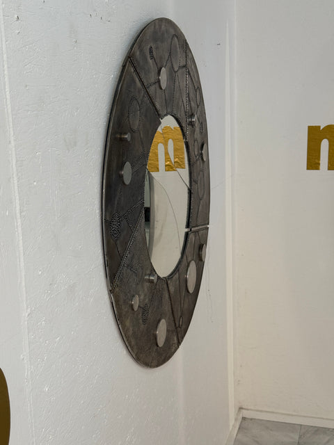 Italian Brutalist Round Mirror with Sculpted Metal Frame, 1970s