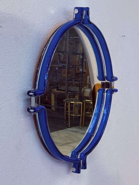 Italian Oval Mirror with Sculptural Blue Frame, 1980s