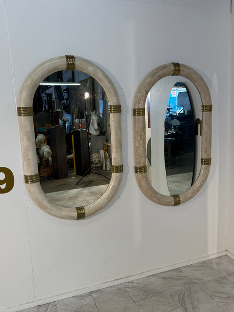 Pair of Italian Oval Mirror in Tessellated Stone with Brass Accents, 1980s