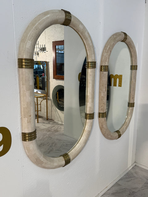 Pair of Italian Oval Mirror in Tessellated Stone with Brass Accents, 1980s
