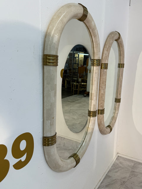 Pair of Italian Oval Mirror in Tessellated Stone with Brass Accents, 1980s
