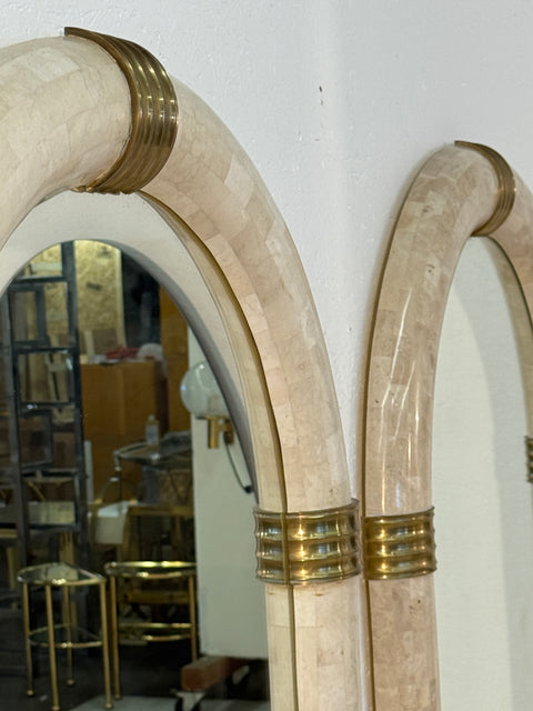 Pair of Italian Oval Mirror in Tessellated Stone with Brass Accents, 1980s