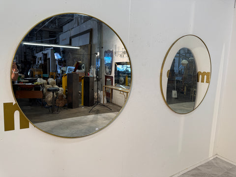 Pair of Italian Large  Round Brass Framed Wall Mirrors, 1950s