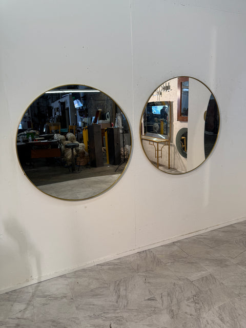 Pair of Italian Large  Round Brass Framed Wall Mirrors, 1950s