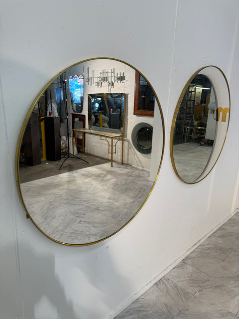 Pair of Italian Large  Round Brass Framed Wall Mirrors, 1950s