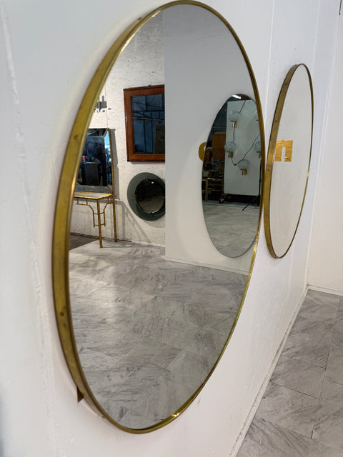 Pair of Italian Large  Round Brass Framed Wall Mirrors, 1950s
