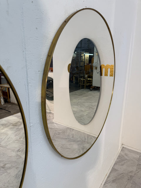 Pair of Italian Large  Round Brass Framed Wall Mirrors, 1950s