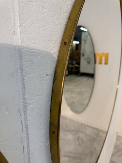 Pair of Italian Large  Round Brass Framed Wall Mirrors, 1950s