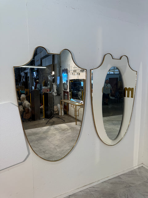 Pair of Italian  Brass Framed Shield Form Wall Mirrors, 1950s