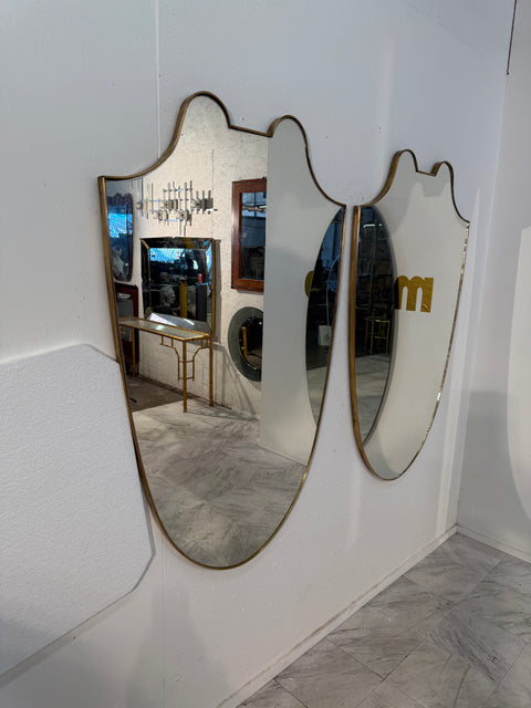 Pair of Italian  Brass Framed Shield Form Wall Mirrors, 1950s
