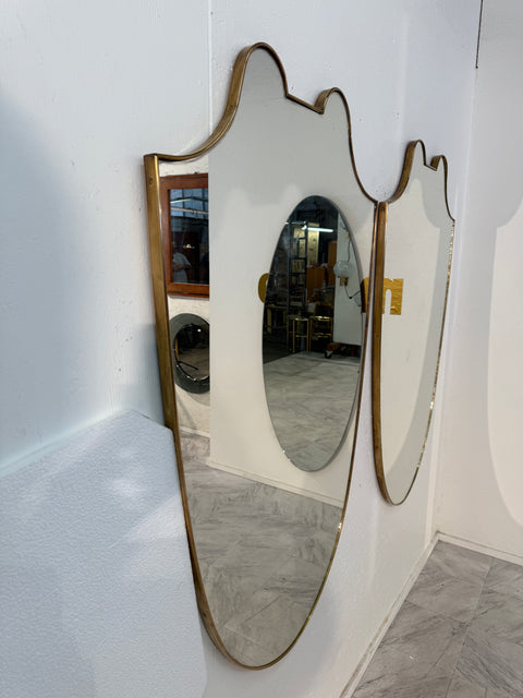 Pair of Italian  Brass Framed Shield Form Wall Mirrors, 1950s
