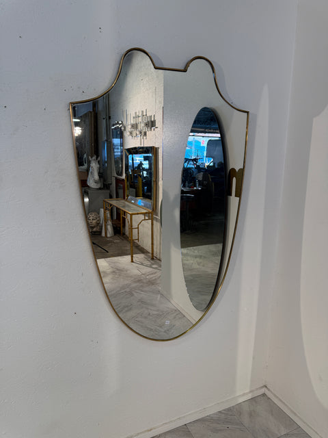 Italian Mid-Century Brass Framed Shield Form Wall Mirror, 1950s