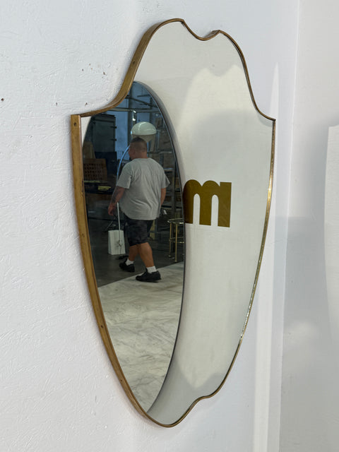Italian Mid-Century Brass Framed Shield Wall Mirror, 1950s