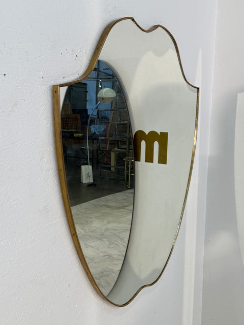 Italian Mid-Century Brass Framed Shield Wall Mirror, 1950s