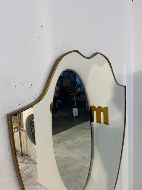 Pair of Italian Brass Framed Shield Form Wall Mirrors, 1950s
