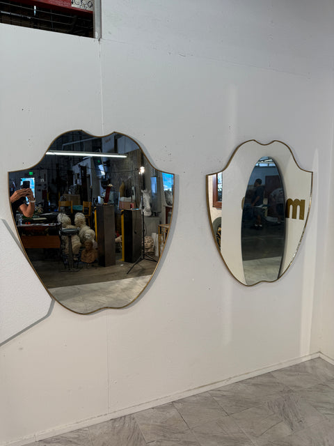 Pair of Italian Brass Framed Shield Form Wall Mirrors, 1950s