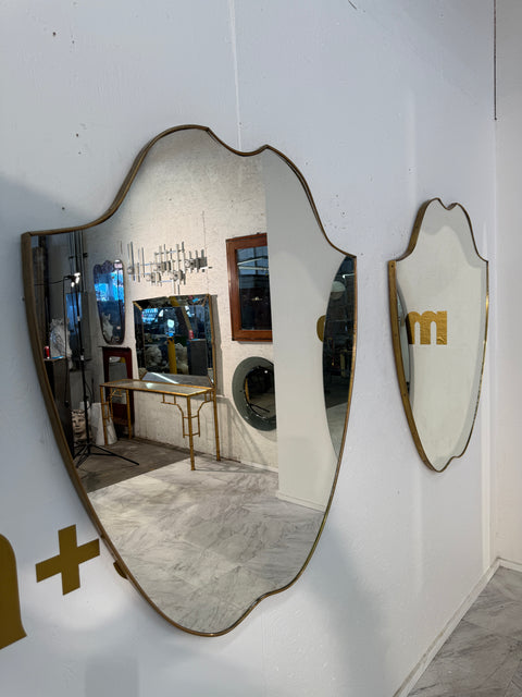 Pair of Italian Brass Framed Shield Form Wall Mirrors, 1950s