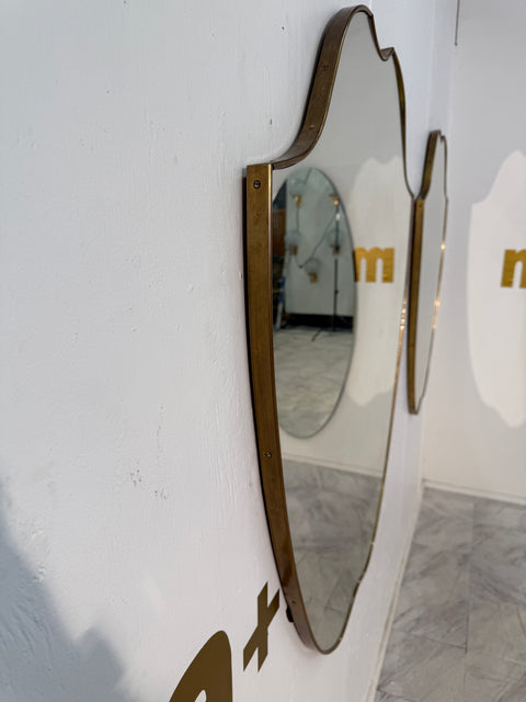 Pair of Italian Brass Framed Shield Form Wall Mirrors, 1950s