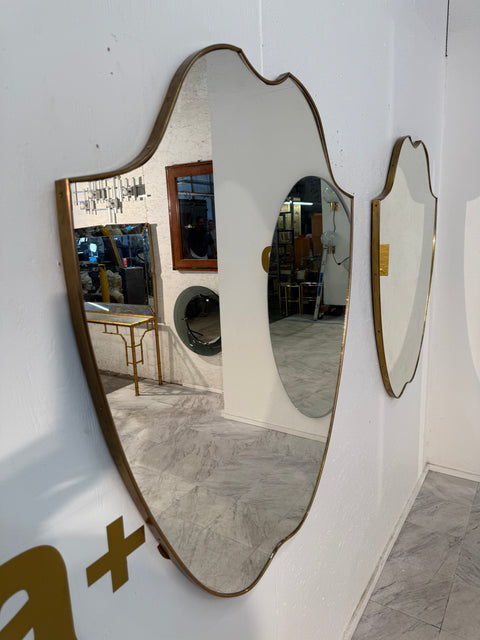 Pair of Italian Brass Framed Shield Form Wall Mirrors, 1950s