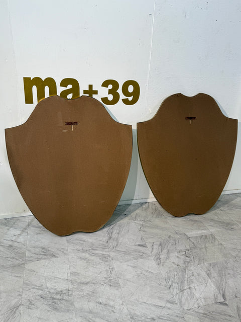 Pair of Italian Brass Framed Shield Form Wall Mirrors, 1950s