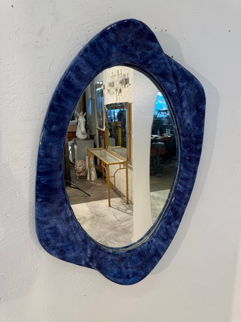 Italian Mid-Century Organic Mirror with Blue Ceramic Frame, 1970s