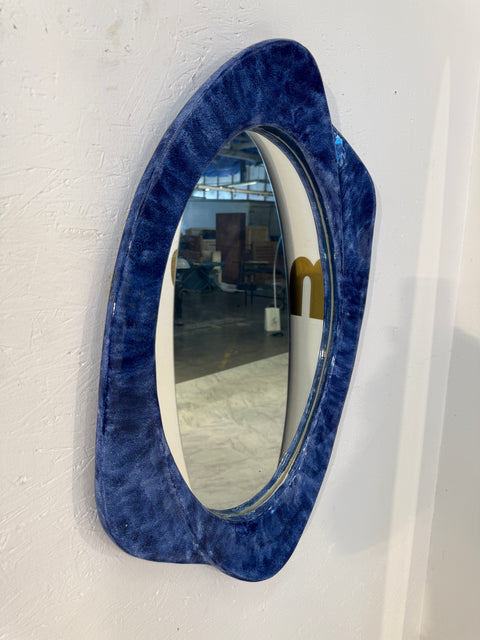 Italian Mid-Century Organic Mirror with Blue Ceramic Frame, 1970s
