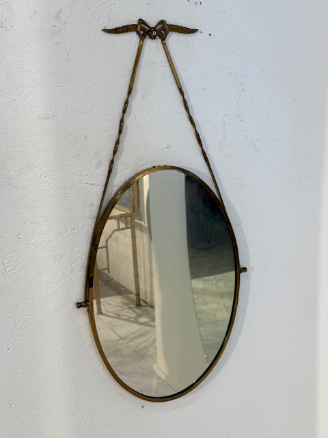 Italian Neoclassical Oval Mirror with Brass Bow and Ribbon Detail, 1950s