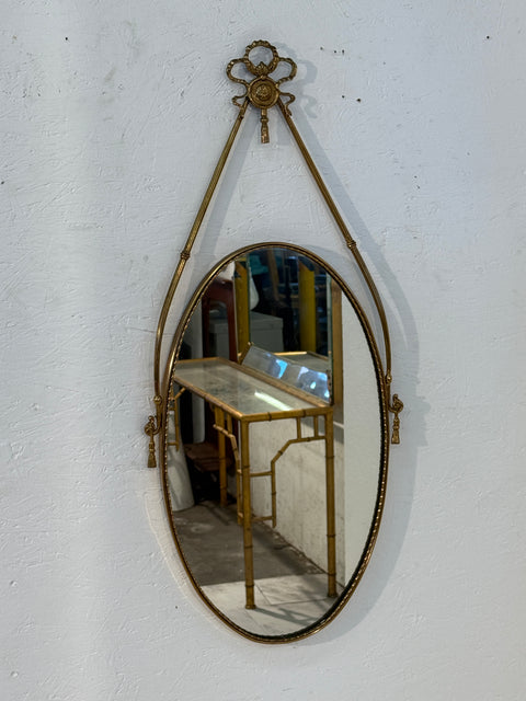 Italian Neoclassical Oval Mirror with Brass Ribbon and Tassel Detailing, 1950s