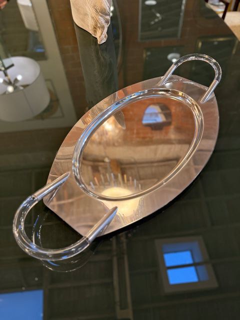 Lucite and Polished Aluminum Oval Tray with Sculptural Handles, 1970s