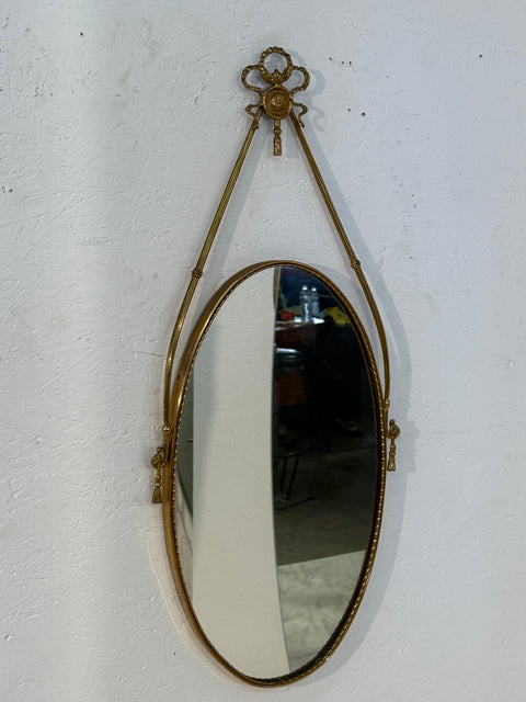 Italian Neoclassical Oval Mirror with Brass Ribbon and Tassel Detailing, 1950s