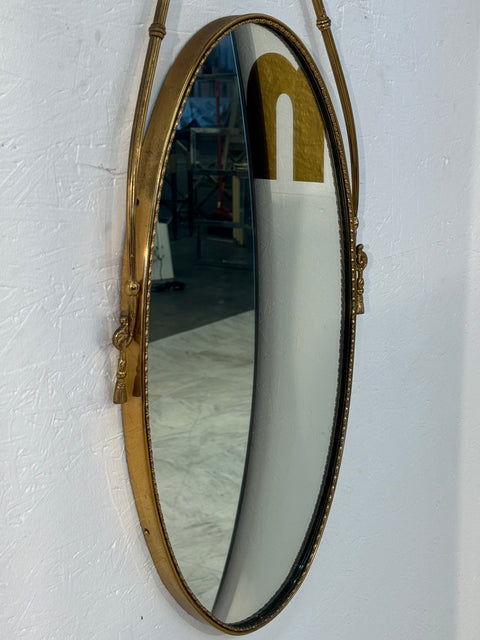 Italian Neoclassical Oval Mirror with Brass Ribbon and Tassel Detailing, 1950s