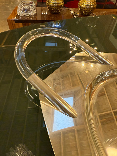 Lucite and Polished Aluminum Oval Tray with Sculptural Handles, 1970s