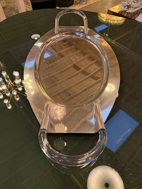 Lucite and Polished Aluminum Oval Tray with Sculptural Handles, 1970s