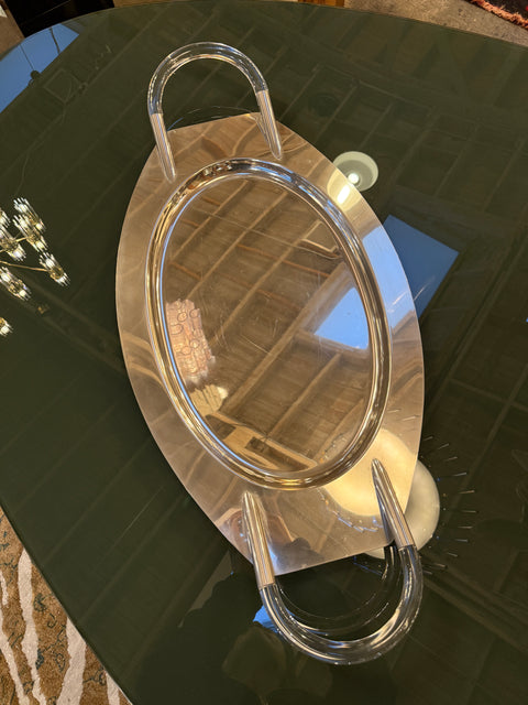 Lucite and Polished Aluminum Oval Tray with Sculptural Handles, 1970s