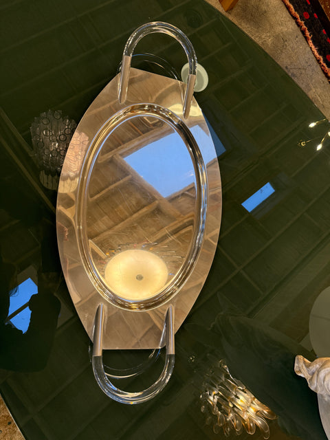 Lucite and Polished Aluminum Oval Tray with Sculptural Handles, 1970s