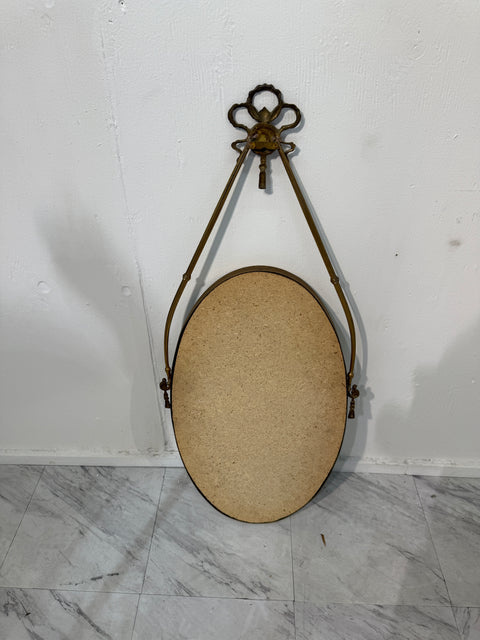 Italian Neoclassical Oval Mirror with Brass Ribbon and Tassel Detailing, 1950s